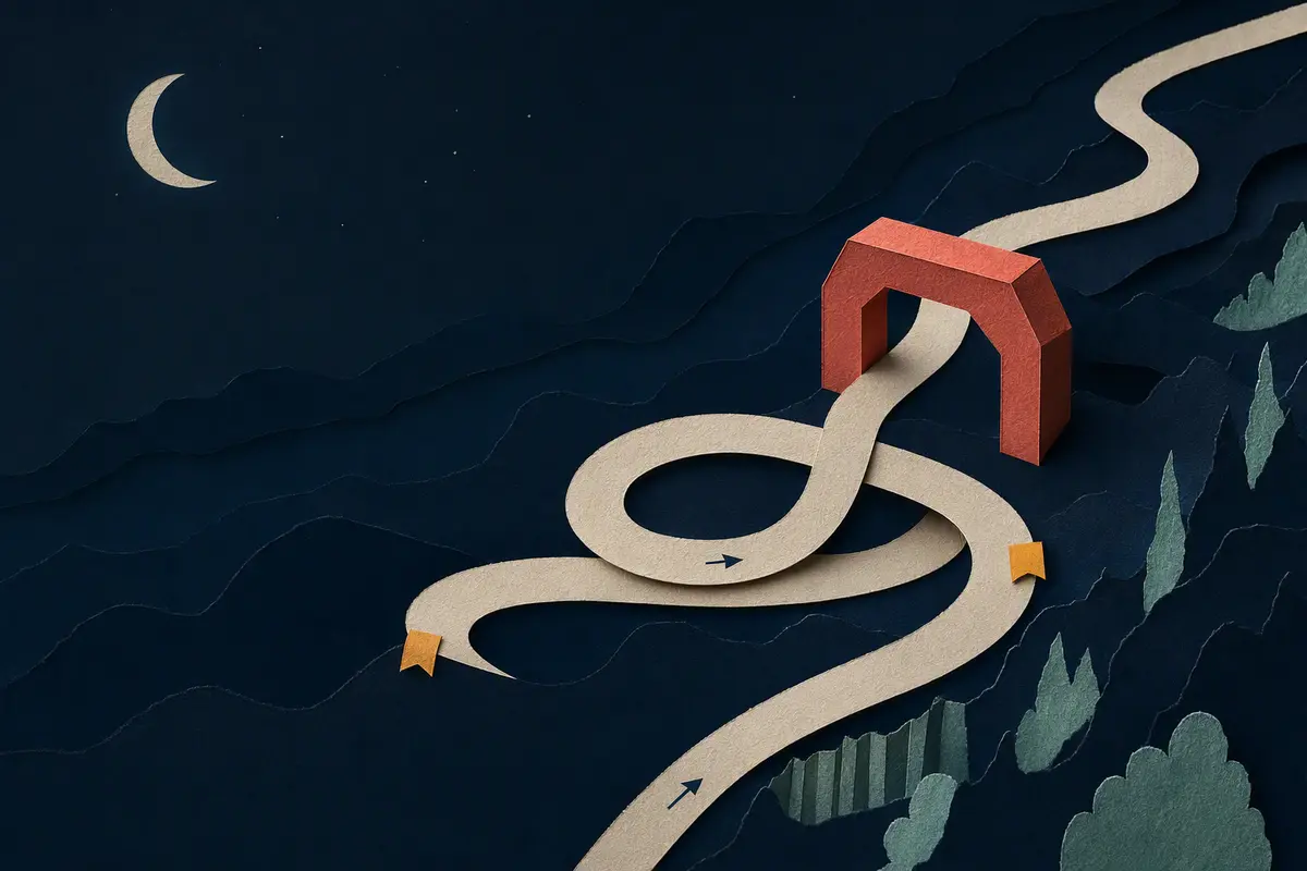A cream paper route loops back over itself beneath a coral checkpoint arch in a midnight landscape.